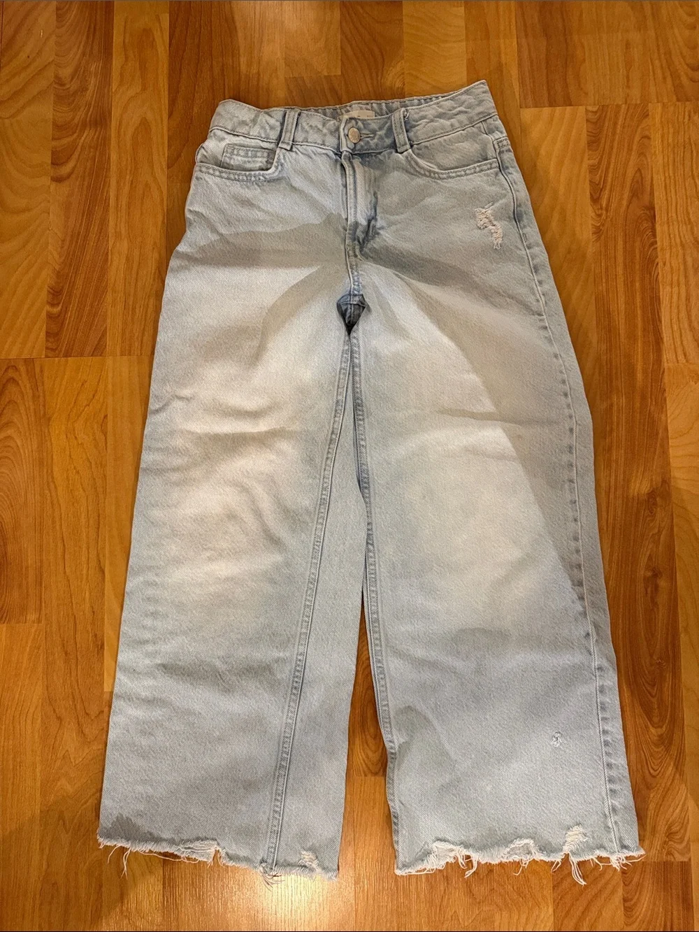 Mango Light Blue Wide-Leg Frayed Hem Jeans